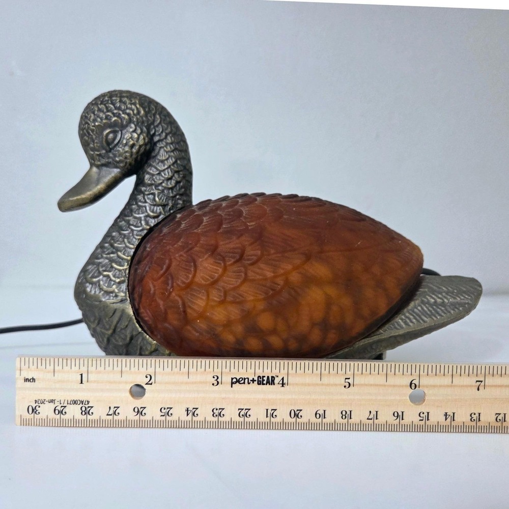 Tiffany Style Amber Slag Glass Duck Bird Mallard Brass Table Lamp Night Light - Picture 11 of 13